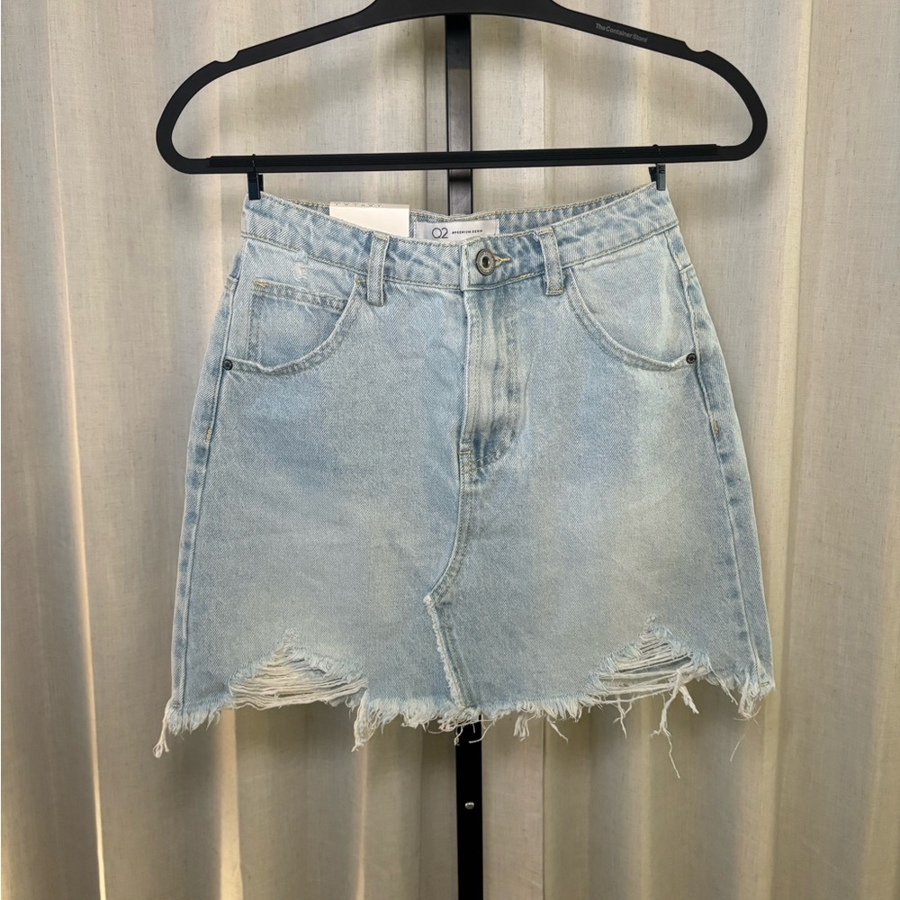 Q2 Light Blue Distressed Denim Mini Skirt
